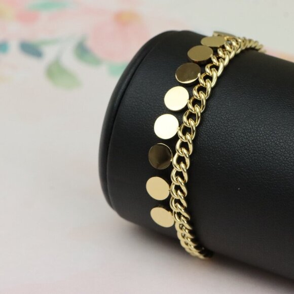 Chic Yellow Gold Bracelet with Round Disc Charms and Adjustable, XPBL0714 - Picture 7 of 12